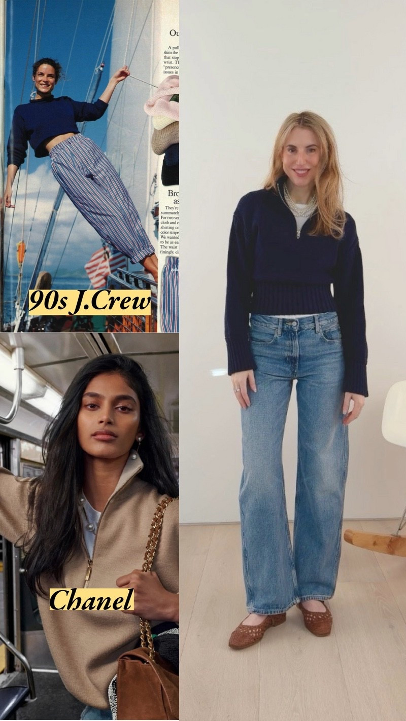 Take a 90s icon – the J.Crew Rollneck – and combine it with fall's favorite styling cue from Chanel. I sized down to XS in the tiny rollneck; I'm usually size S. But! I'm small chested. Size up if you're more curvy. I also sized down for the barrel jeans – I'm wearing a 25, but my usual size is 26. I'm 5'7". I'm including striped pants to get the look from the J.Crew catalog. My pearls are from eBay and an old J.Crew style that's OOS. I'm including alternatives here.

#LTKootd #LTKSeasonal