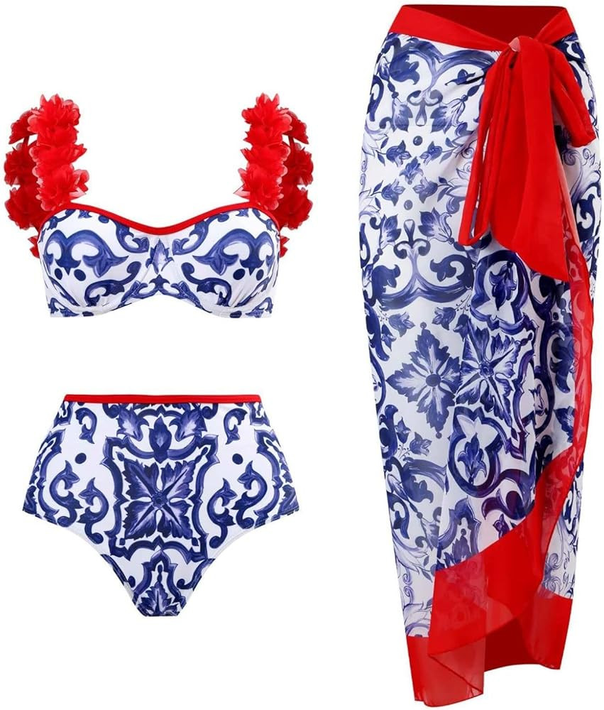 One-Shoulder Broken Flower Women Bikini Sets,Sexy Summer V Neck Sleeveless Swimsuit,3 Piece Swims... | Amazon (US)