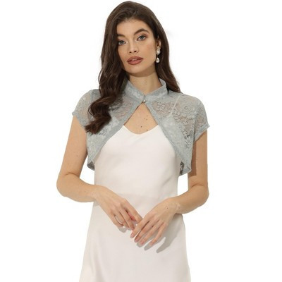 INSPIRE CHIC Women's Lace Stand Collar Pearl Button Short Sleeve Cropped Shrug Gray Medium | Target