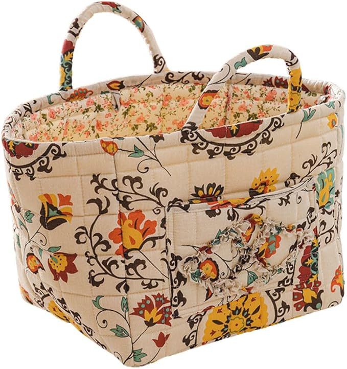 Quilted Fabric Storage Basket with Handles – Boho Foldable Floral Organizer Bin for Home, Picni... | Amazon (US)