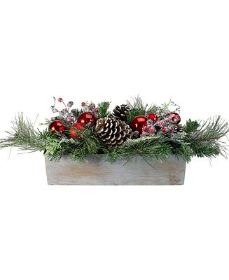 Northlight Mixed Pine and Ornaments Artificial Christmas Arrangement in Wood Planter, 24 | Macy's