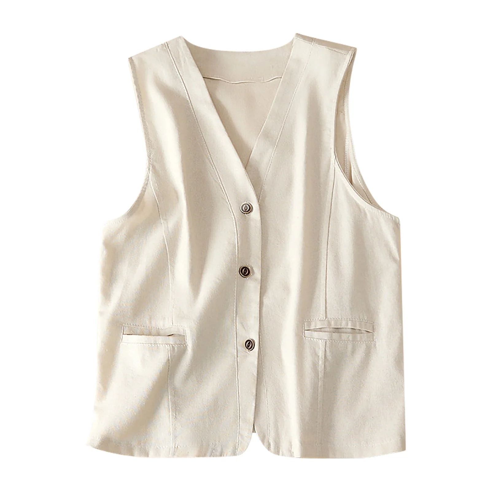 WREESH Womens Summer Cotton Linen Vest Casual V-Neck Button Vest Solid Thin Sleeveless Waistcoat ... | Walmart (US)