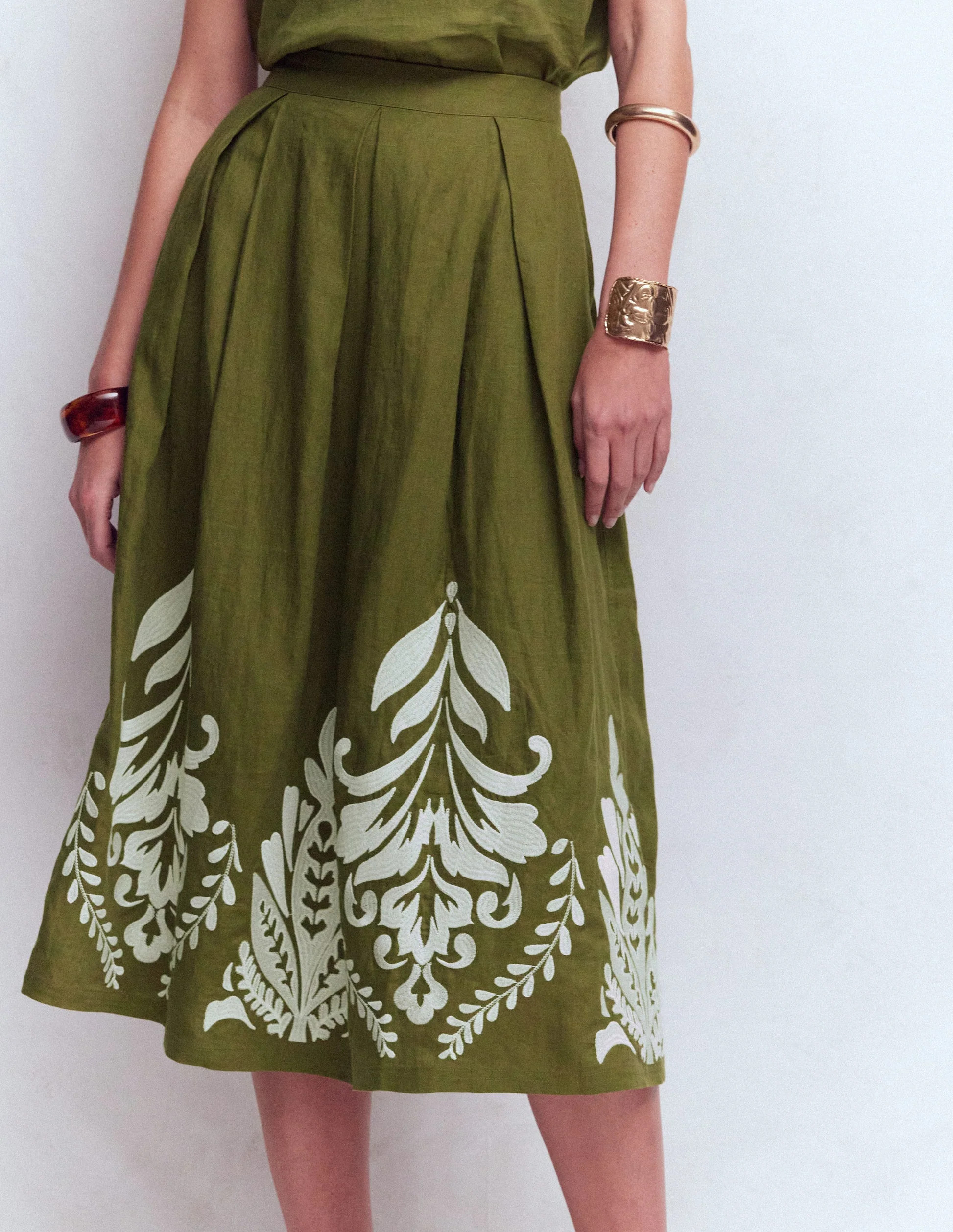 Verity Linen Midi Skirt-Winter Moss Embroidery | Boden (US)
