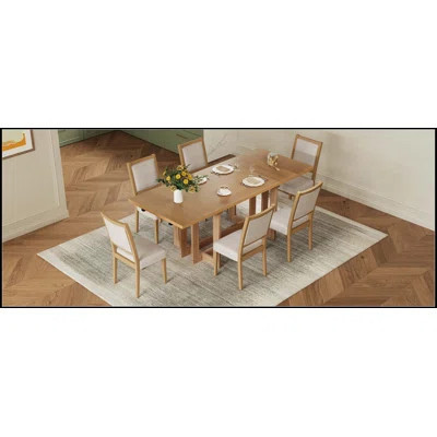 Rustic 82inch 7-Piece Extendable Dining Table Set, Trestle Kitchen Table with 6 Upholstered Dining Chairs and Two 12'' Removable Leaf, Grey+Beige | Wayfair North America