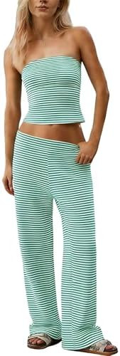 Women Sailor Tube Top Set 2 Piece Outfits Striped Strapless Bandeau Low Waist Wide-Leg Pants Loun... | Amazon (US)