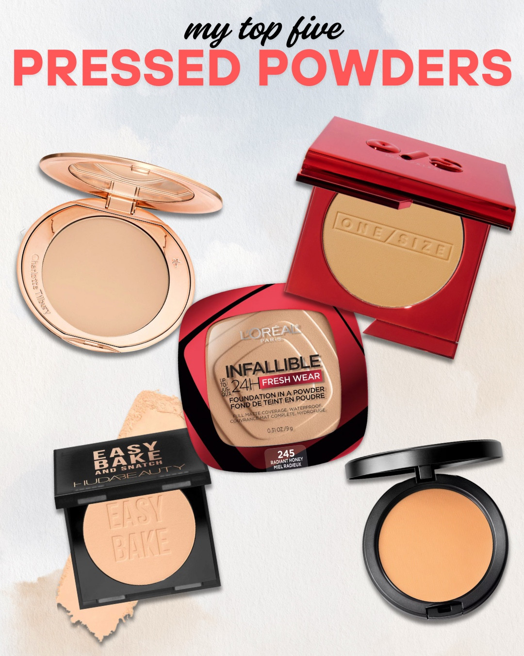These are my top 5 pressed powders for setting, smoothing, and staying snatched all day.

ONE/SIZE Turn Up the Base Versatile Powder Foundation – Full coverage, buttery smooth, and perfect for setting or wearing alone. Blurs texture and controls shine.

L’Oréal Infallible 24H Fresh Wear Powder – Drugstore gem! Lightweight, long-wearing, and gives a flawless matte finish without looking dry.

Huda Beauty Easy Bake and Snatch Pressed Brightening & Setting Powder – Brightens and sets in one step. Great for under-eyes and T-zone touch-ups.

MAC Cosmetics Studio Fix Powder Plus Foundation – Classic for a reason. Buildable coverage with a velvety matte finish that lasts.

Charlotte Tilbury Airbrush Flawless Finish Powder – Silky, lightweight, and blurs like a dream. Leaves skin looking smooth and airbrushed.

#Top5PressedPowders #FlawlessFinish #BlurringPowder #MakeupMustHaves #MakeupForOilyZones #LTKMakeup #LTKBeauty

#LTKBeauty