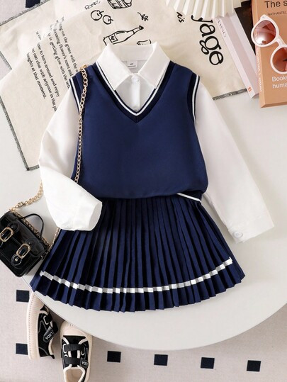 Genkimix Kids Back To School Girls (Small) Collegiate Style Knit Vest, White Long Sleeve Shirt, P... | SHEIN
