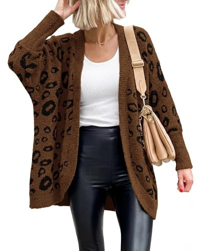 BTFBM Leopard Cardigan for Women Long Sleeve Open Front Cardigans Sweaters Pockets Loose Knit 2026 Fall Winter Outwear(Coffee, Large) | Amazon (US)
