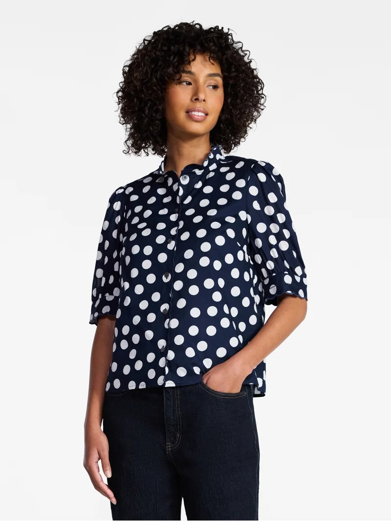 Time and Tru Women's Scallop Trim Cotton Button Down Shirt with Short Sleeves, Sizes XS – XXXL | Walmart (US)