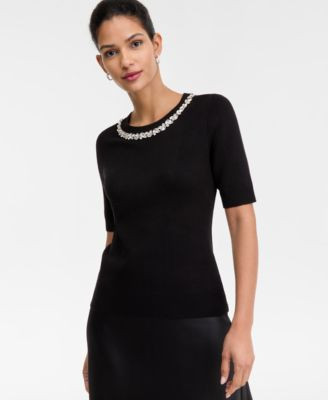 Women's Short-Sleeve Embellished-Neck Sweater, Macy's Exclusive | Macy's