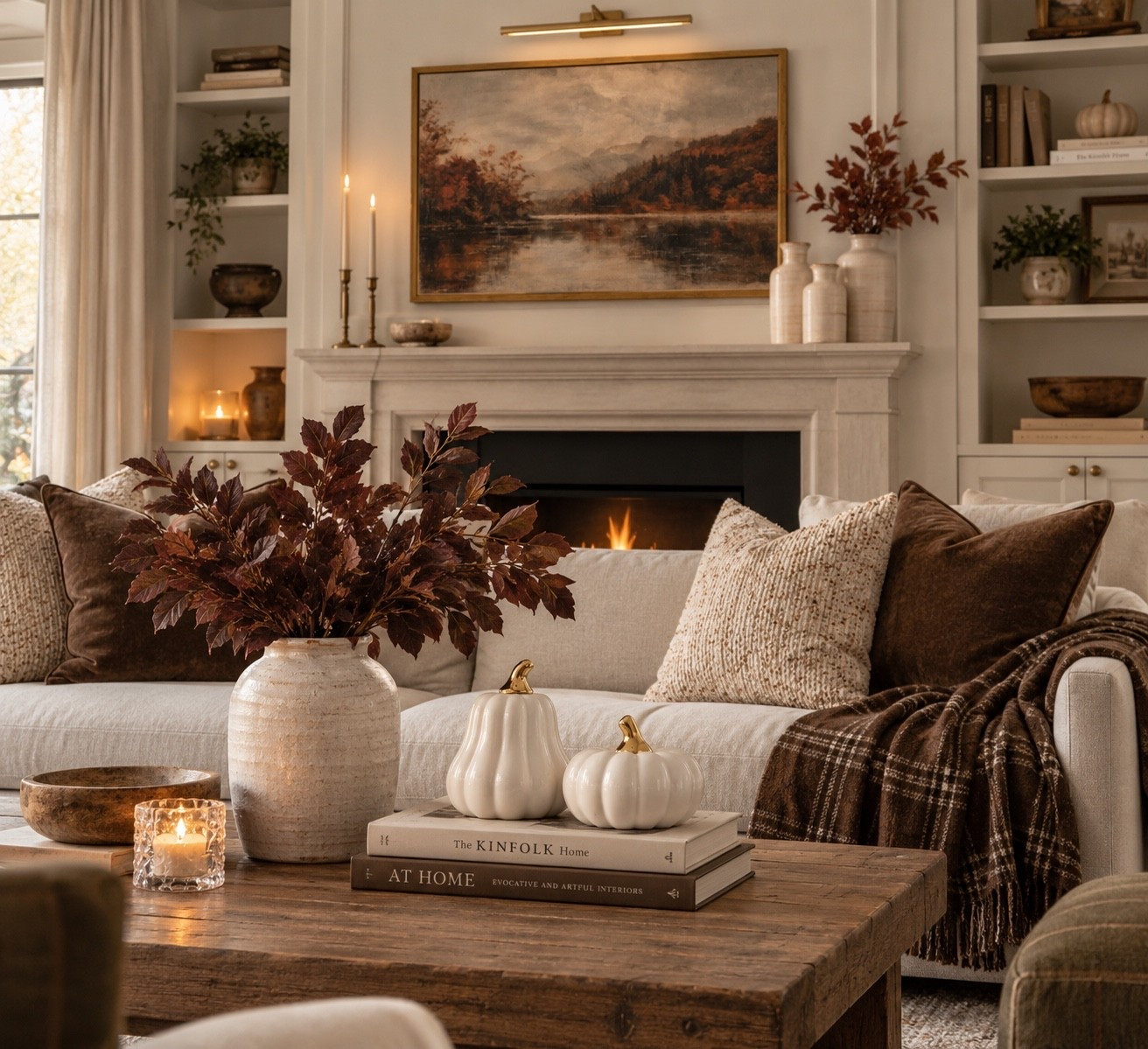 Warm, collected fall living room decor with all the cozy texture. 🤎 Chocolate brown velvet pillows, a plaid throw, creamy ceramic pumpkins, rich burgundy fall stems and vintage-inspired landscape art bring autumn into a neutral home without making it feel overly seasonal. The mix of warm wood, aged brass and soft neutrals is such an easy way to create an elevated fall look that still feels timeless.

fall living room decor, fall home decor, neutral fall decor, brown fall decor, cozy fall decor, elevated fall decor, elegant fall decor, Amazon fall decor, Amazon home finds, Amazon fall finds, fall decorating ideas, fall living room ideas, neutral living room, warm neutral decor, chocolate brown decor, brown velvet pillows, velvet pillow covers, plaid throw blanket, brown plaid blanket, fall throw blanket, ceramic pumpkins, white ceramic pumpkins, neutral pumpkin decor, faux fall stems, burgundy fall stems, fall floral stems, vintage landscape art, fall landscape art, picture light, brass picture light, mantel decor, fall mantel decor, fireplace decor, fall fireplace decor, coffee table decor, fall coffee table decor, ceramic vase, neutral vase, cozy living room, warm living room, transitional home decor, traditional home decor, collected interiors, designer inspired decor, affordable home decor, autumn decor, subtle fall decor, sophisticated fall decor, cozy home inspiration, warm fall aesthetic

#LTKSeasonal #LTKHome #LTKSaleAlert