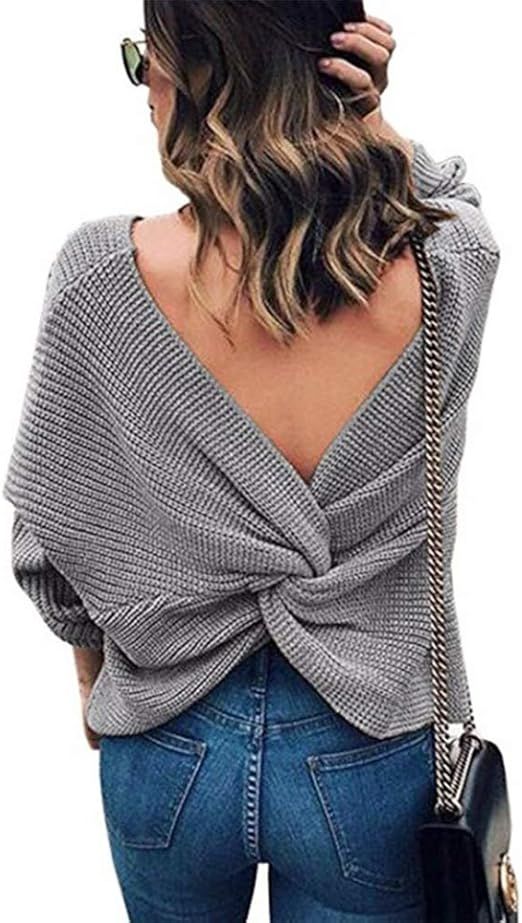 Women's Sexy V Neck Criss Cross Sweater for Fall Backless Long Batwing Sleeve Casual Knitted Pull... | Amazon (US)