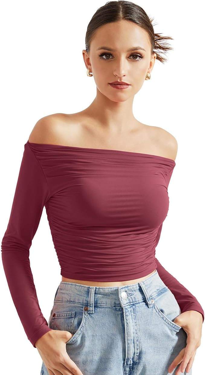 SUUKSESS Women Off Shoulder Long Sleeve Shirts Double Lined Fitted Crop Tops | Amazon (US)