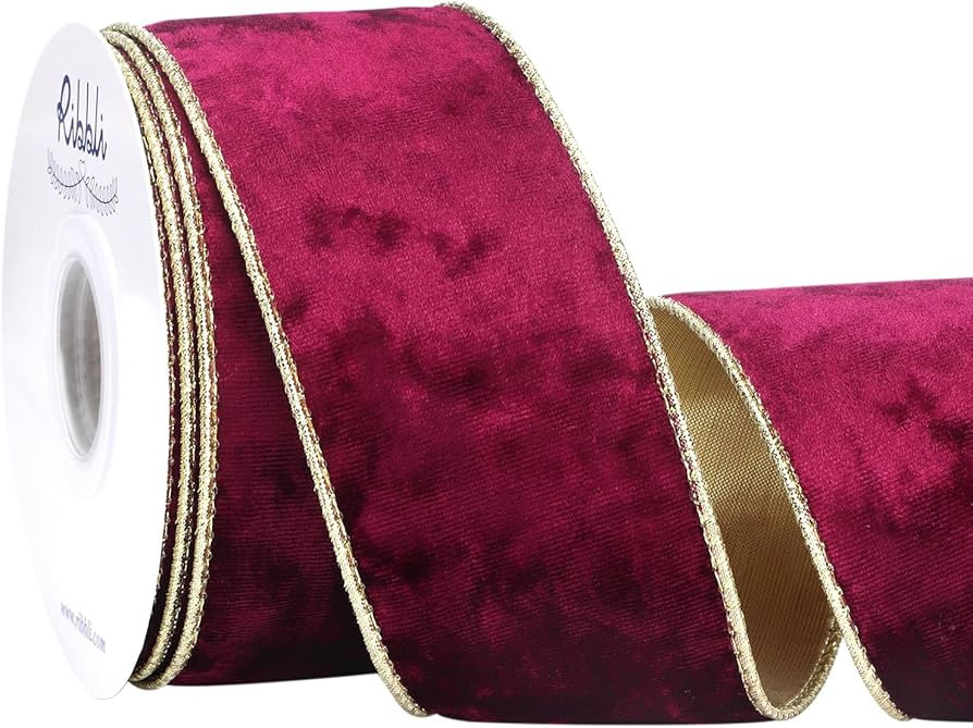 Ribbli Burgundy Velvet Wired Ribbon 2.5 Inch Metallic Burgundy Red Gold Crushed Velvet Christmas ... | Amazon (US)