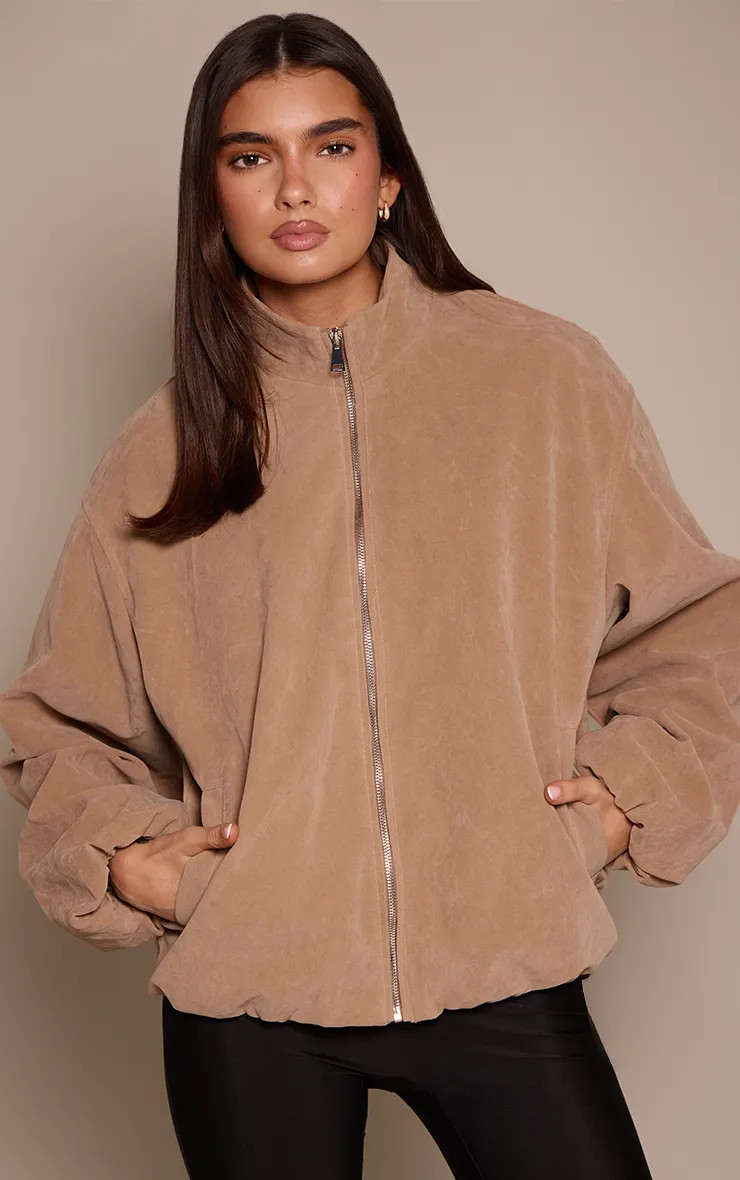 Jackets & Coats | Beige Faux Suede Bomber Jacket | PrettyLittleThing | PrettyLittleThing UK