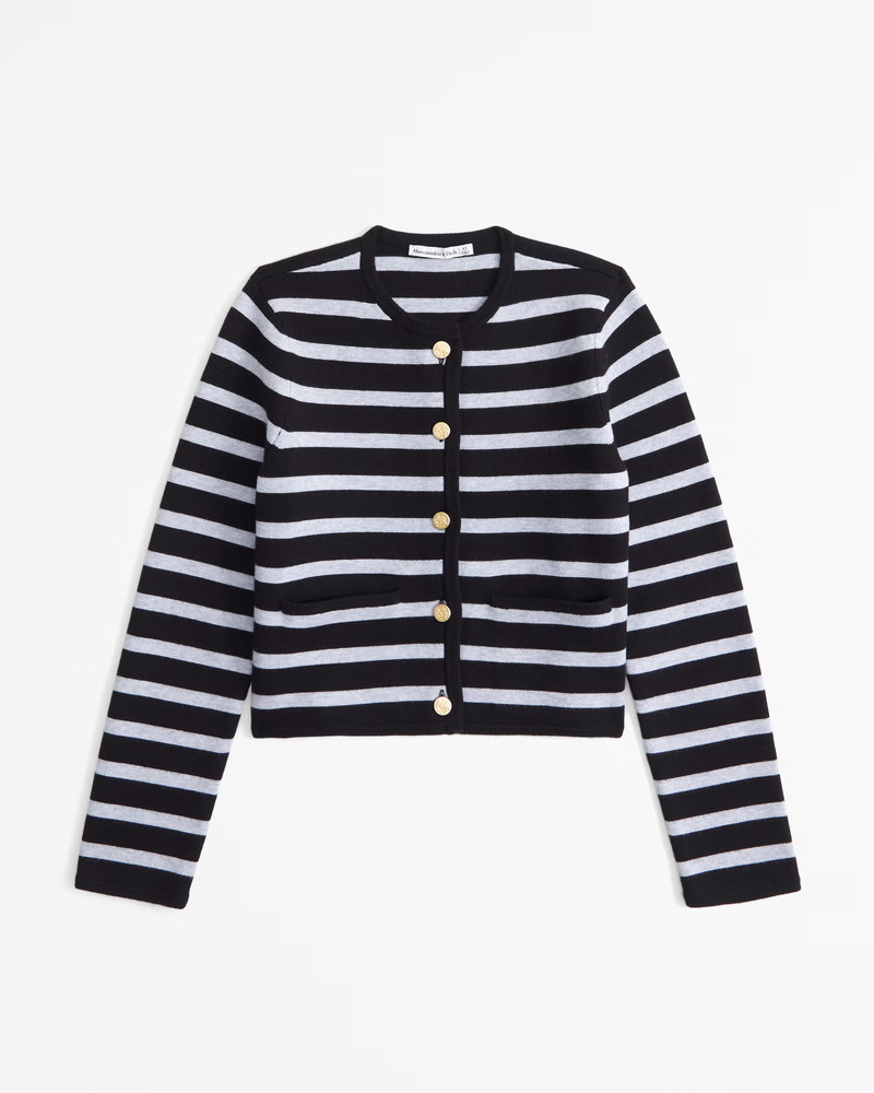 Abercrombie & Fitch Women's LuxeLoft Crew Sweater Jacket in Black And Gray Stripe - Size XXS | Abercrombie & Fitch (US)