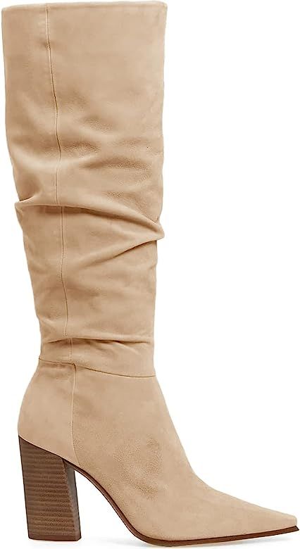 PiePieBuy Womens Faux Suede Wide Calf Knee High Boots High Chunky Heel Side Zipper Booties | Amazon (US)