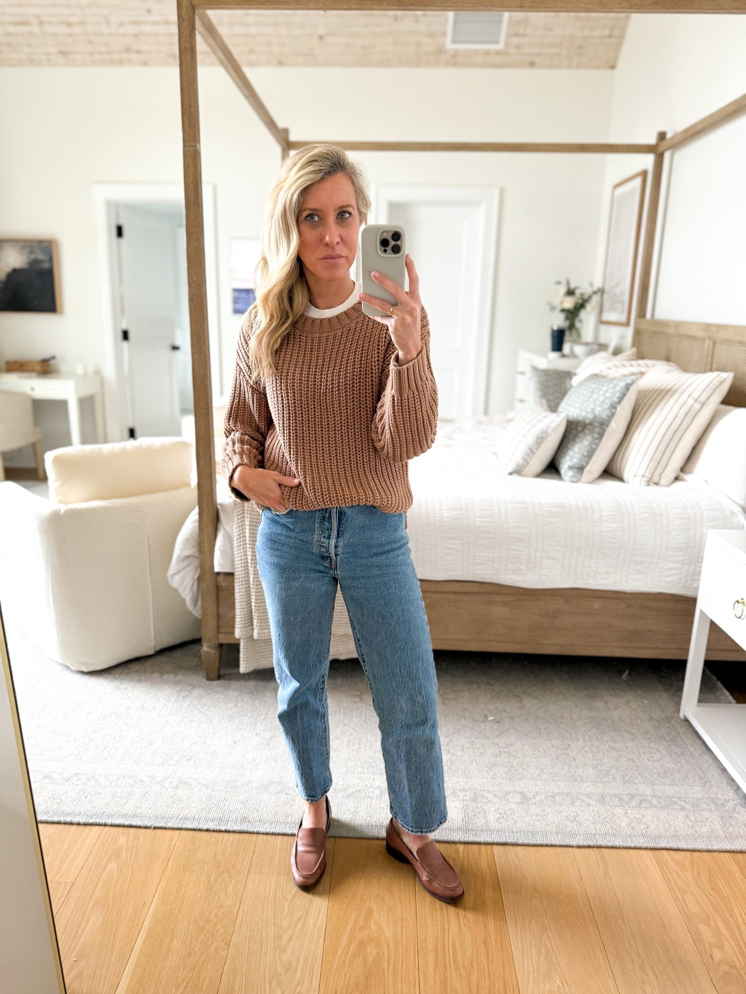 OOTD! It’s a rainy week here in NY so it’s back to sweaters! Loving this comfy and beautiful Marea beach sweater! Also if you’re looking for a crew neck t-shirt that’s close to the neckline to show under sweaters this is it, and just realized it’s only $5 from target! 

#LTKFindsUnder50 #LTKShoeCrush #LTKStyleTip