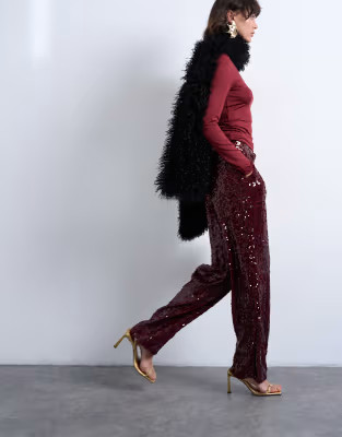 Topshop sequin tailored trouser in burgundy | ASOS | ASOS (Global)