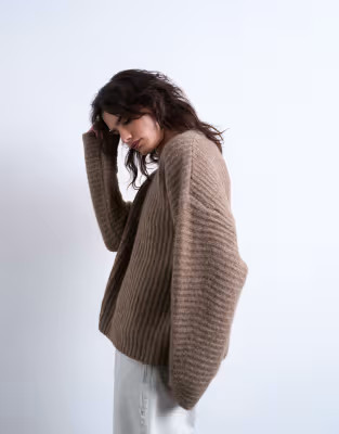 Topshop knitted ribbed balloon sleeve jumper in brown | ASOS (Global)