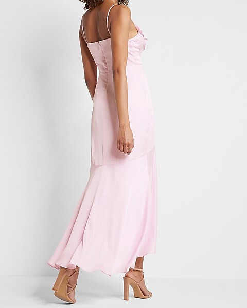 Satin Pin Dot Ruffle Wrap Hi-Lo Maxi Dress | Express