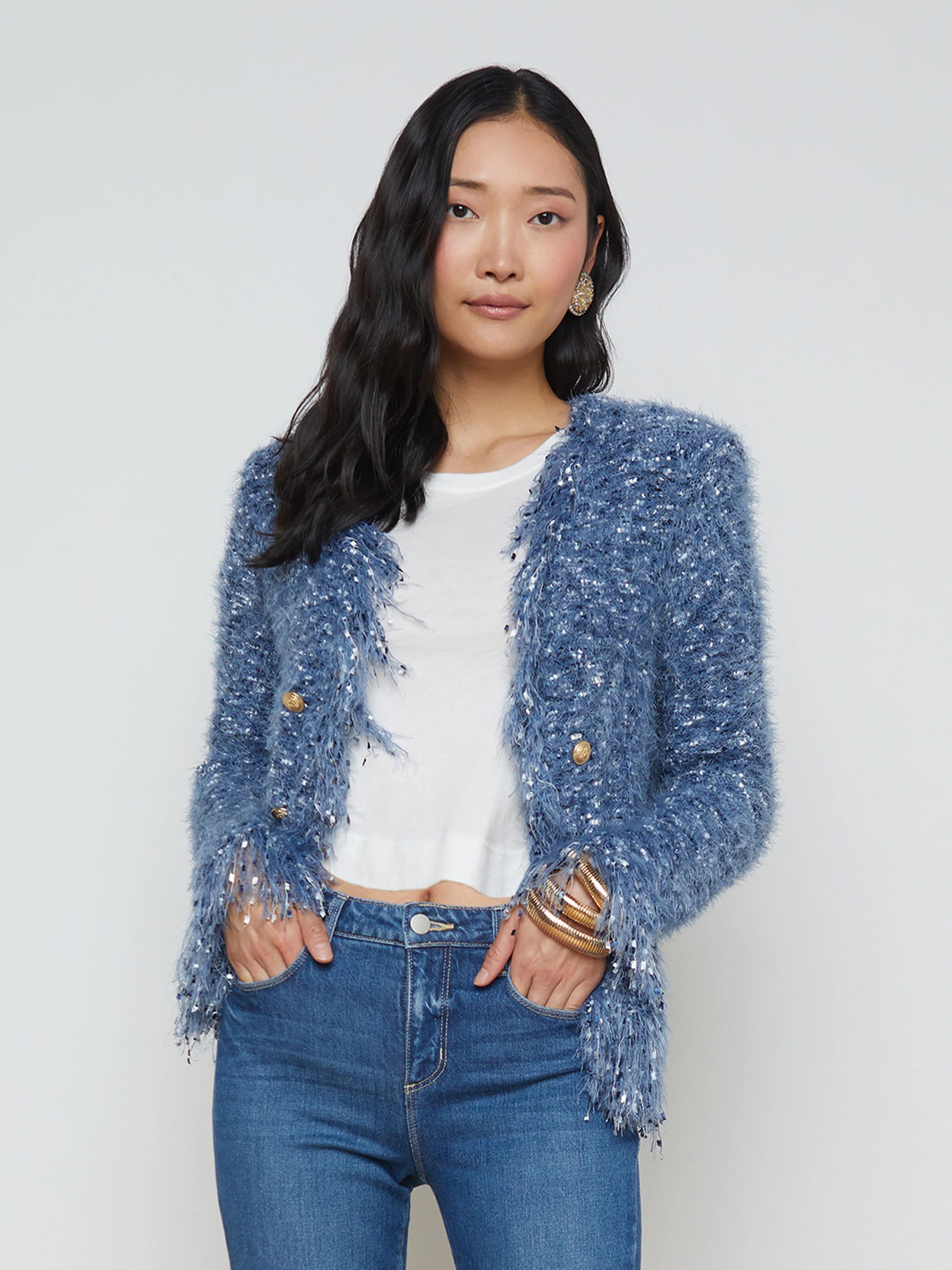 L'AGENCE - Azure Fringe Cardigan Blazer in Blue Multi | L'Agence