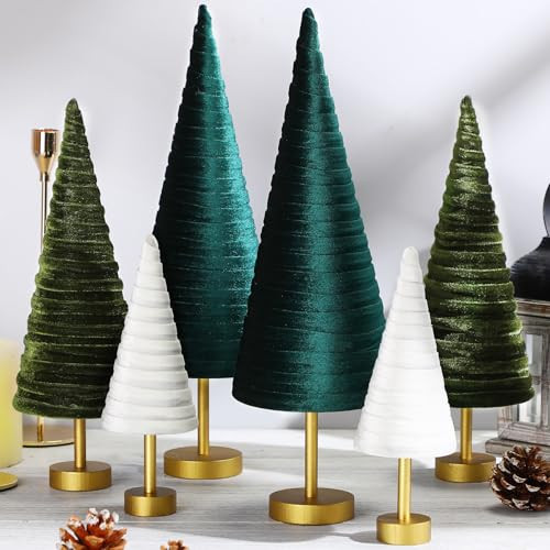 Hoolerry 6 Pcs Christmas Velvet Trees with Gold Pedestal Christmas Velvet Cones Tree Mantel Decor Modern Rustic Winter Home Minimalist for Holiday Entryway Table Wedding Centerpiece (Forest Green) | Amazon (US)