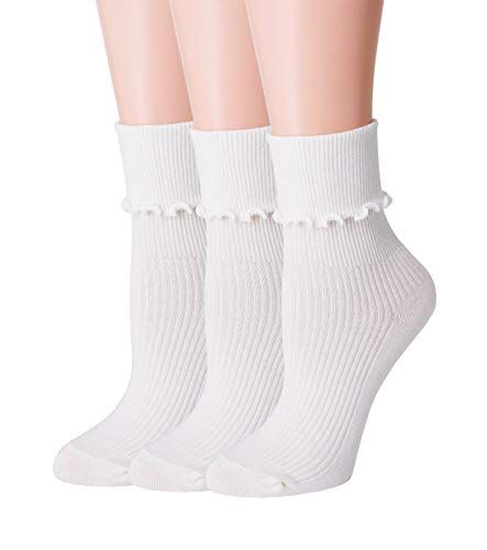 SRYL Women Ankle Socks Ruffle Turn-Cuff,Lovely double needle solid color edge relent Girl socks | Amazon (US)