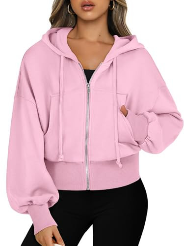ANRABESS Womens Zip Up Hoodies Cropped Sweatshirts Casual Comfy Cute Zip Jackets Fashion Trendy Fall Outfits 2026 Y2K Clothes Pink Medium | Amazon (US)