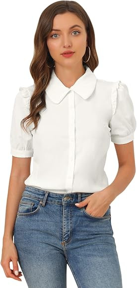 Allegra K Women's Collared Top Peter Pan Collar Short Sleeve Button Front Shirt | Amazon (UK)