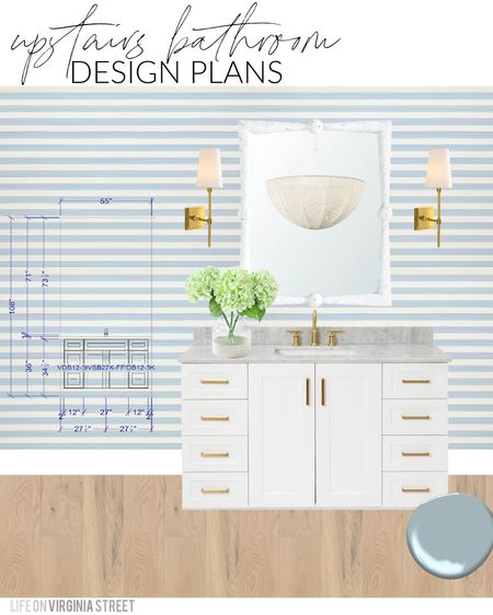Our coastal bathroom design plans including blue striped wallpaper, a white plaster mirror, gold sconces, a white vanity with gold hardware, faux hydrangeas and a paint dipped vase. Also linking the beaded chandelier in the mirror reflection. Get more details and additional design plans here: https://lifeonvirginiastreet.com/florida-design-plan-ideas/
.
#ltkhome #ltksalealert #ltkunder50 #ltkunder100 #ltkstyletip #ltkfind #ltkseasonal

#LTKSeasonal #LTKsalealert #LTKhome