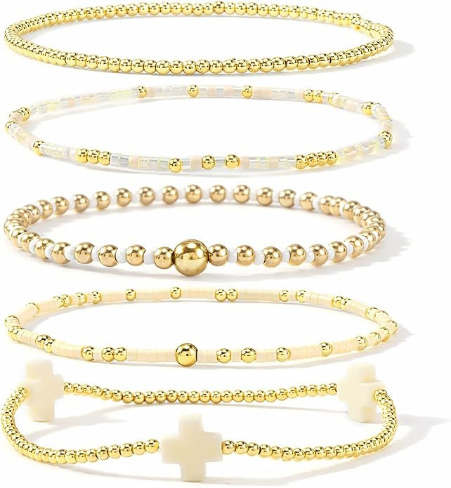 Gold Beaded Cross Bracelet for Women, 14K Plated Adjustable Stackable Dainty Bracelets, Non Tarni... | Amazon (US)