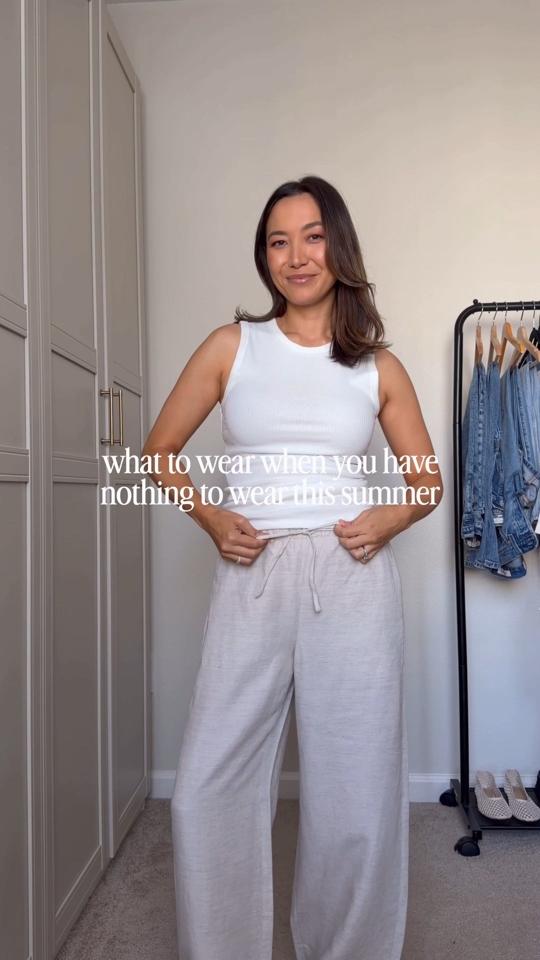 Easy summer outfit formula that always works 

Gap factory tank small, doesn’t have a racer back cutout so you can wear a regular bra 

@Aritzia  lodge pants linen xs regular, runs long on my 5’4” probably could have gone with petite 

@crocs Miami sandals

#LTKootd