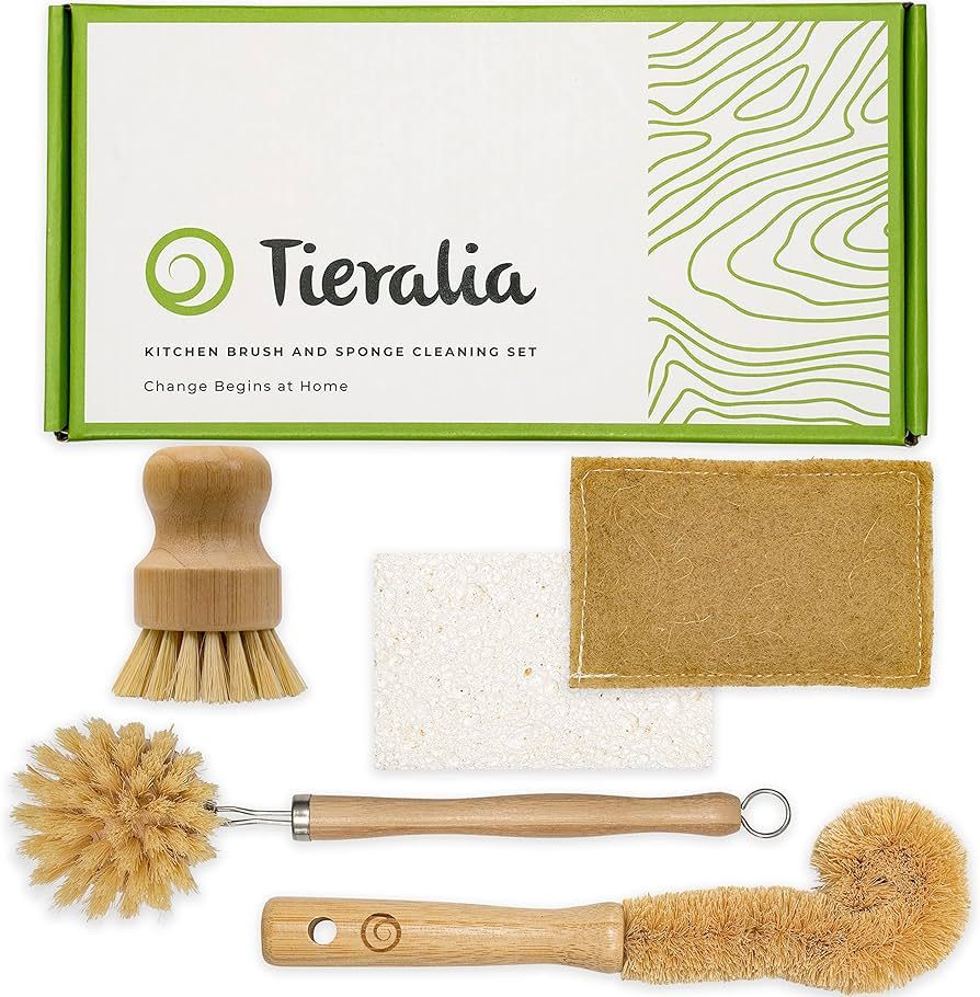 Tieralia 5 Piece All-in-1 Eco-Friendly Kitchen Cleaning Set | Bamboo Dish Brushes & Compostable S... | Amazon (US)