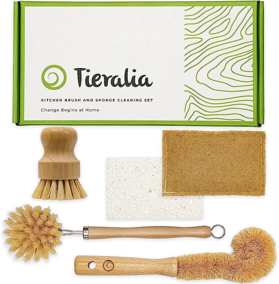 Tieralia 5 Piece All-in-1 Eco-Friendly Kitchen Cleaning Set | Bamboo Dish Brushes & Compostable S... | Amazon (US)