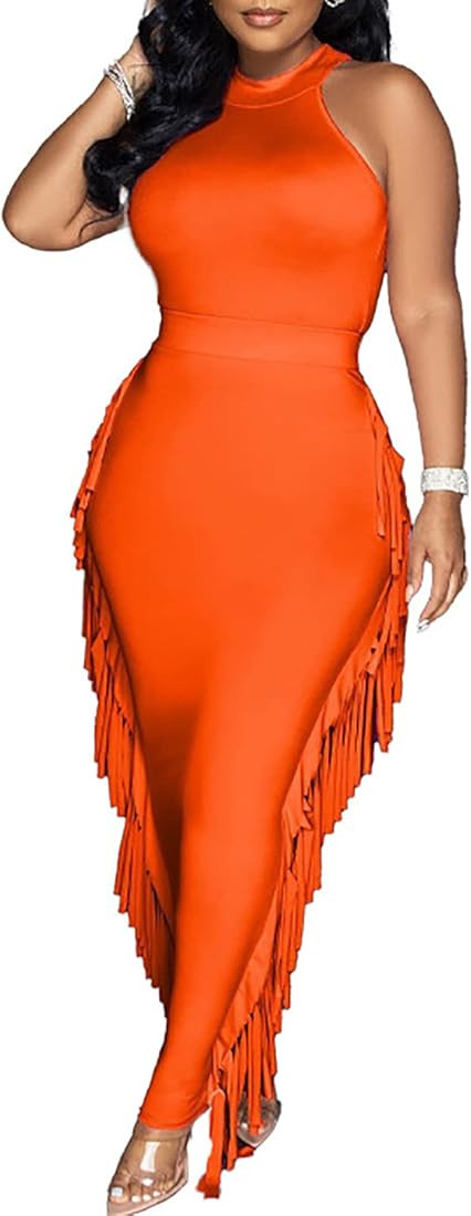 Rimhold Womens Casual 2 Piece Dress Outfit Sleeveless Bodycon Top and Tassel Long Pencil Skirt Se... | Amazon (US)