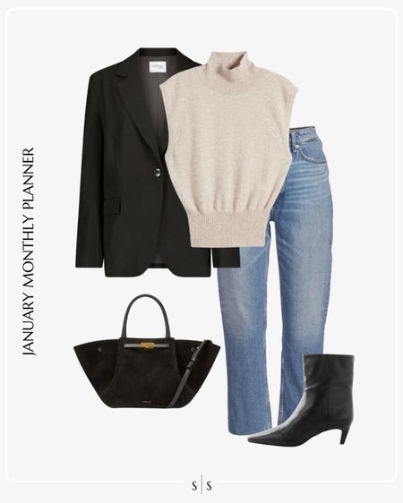 Monthly outfit planner: JANUARY: Winter looks | black blazer, turtleneck sleeveless tank, straight jean, ankle boot, tote 

See the entire calendar on thesarahstories.com ✨ 


#LTKstyletip