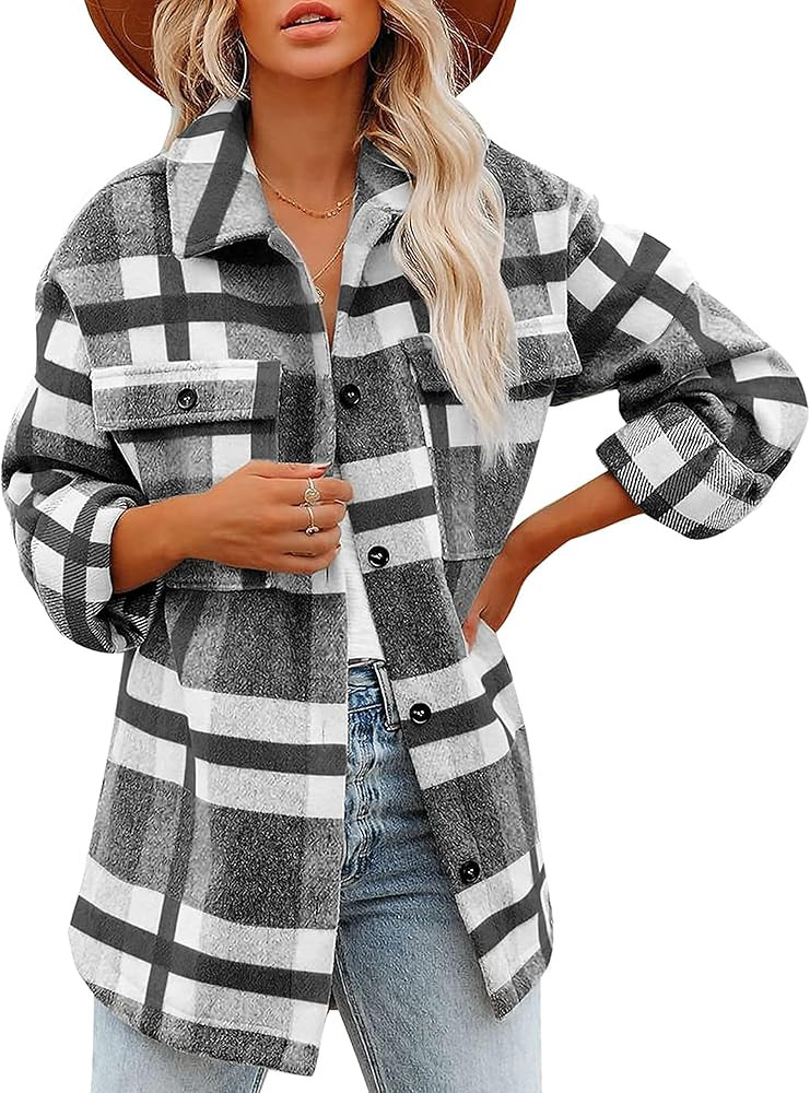 Yeokou Women's Fall Color Block Plaid Flannel Shacket Jacket Button Down Shirt Coat Tops | Amazon (US)