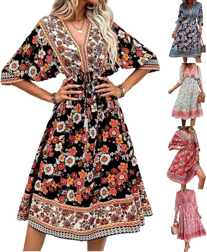 Women's Casual Spring Summer Dresses V Neck Short Sleeve Floral Dress Flowy Boho Babydoll Mini Sh... | Amazon (US)