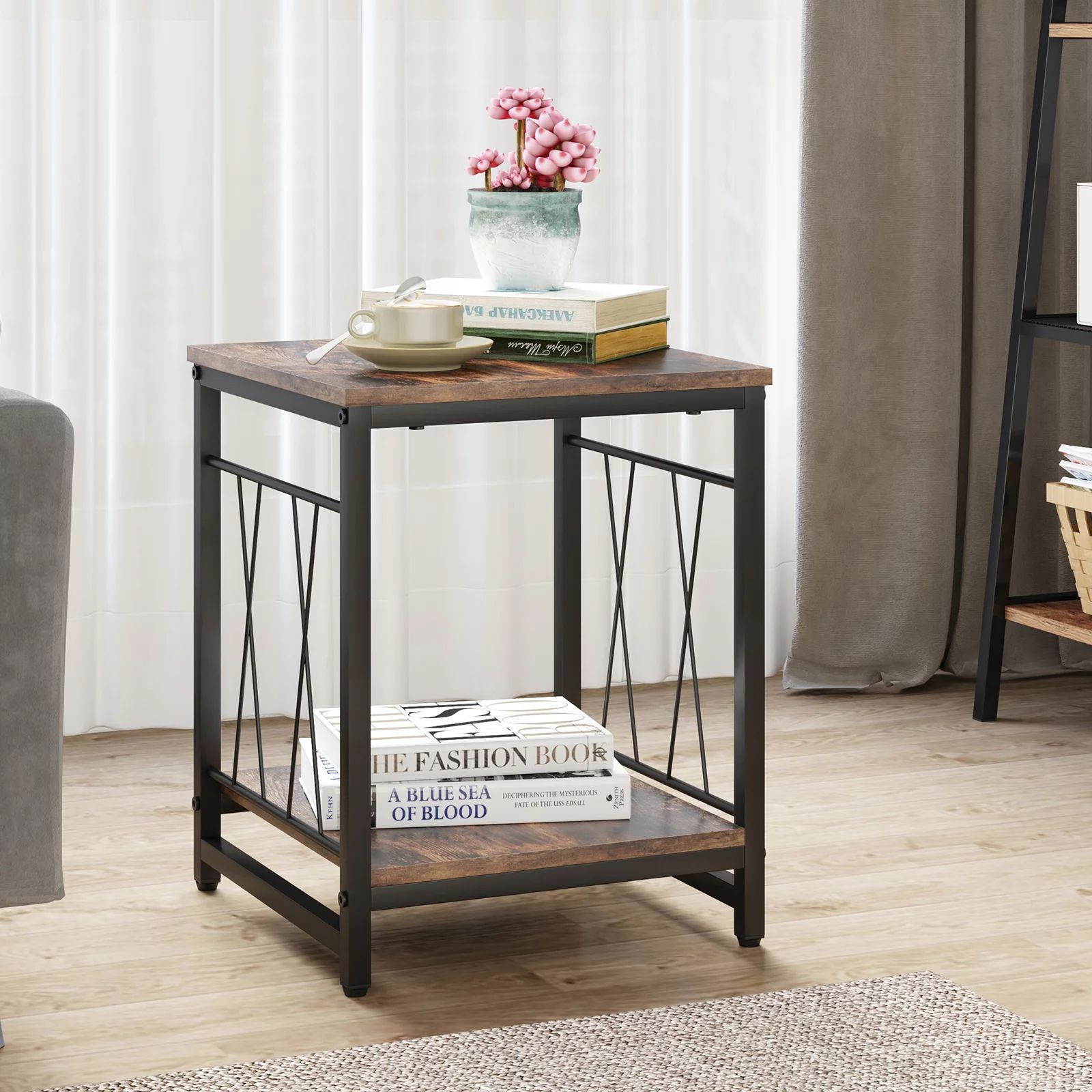 2 Tier Side End Table Nightstand Industrial Wood and Metal for Living Room Bedroom, Rustic Brown | Walmart (US)