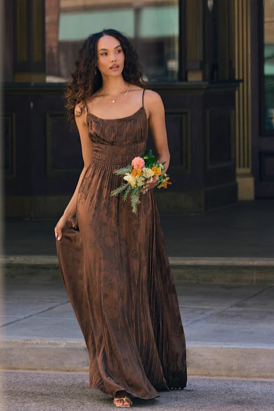 Ashyr Brown Satin Jacquard Pleated Maxi Dress | Lulus