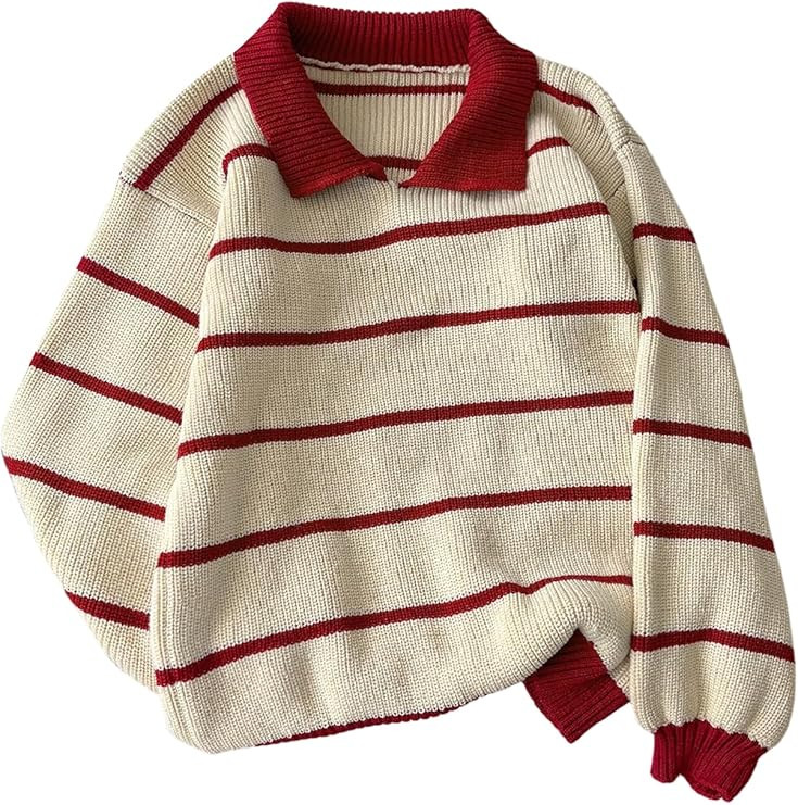 Floerns Women's Collared Striped Sweaters Preppy Oversized Knit Fall Pullover Sweater | Amazon (US)