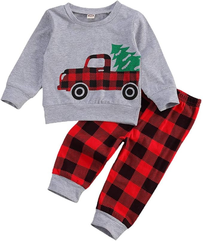Toddler Baby Boy Girl Long Sleeve Cotton Plaid Pullover Sweatshirt+Trousers Two Piece Outfit Set ... | Amazon (US)