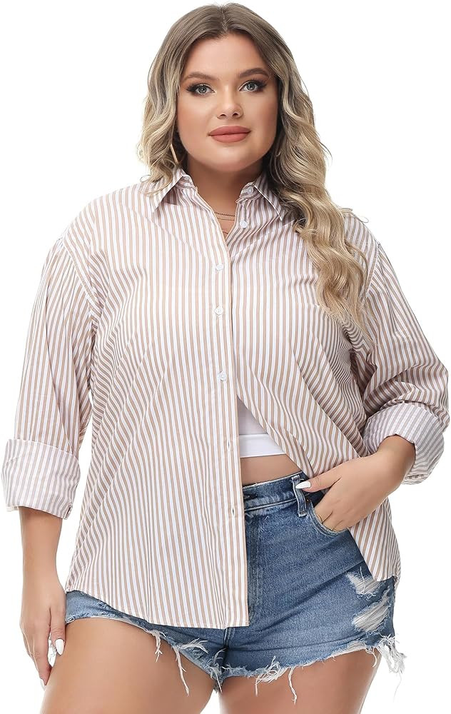 MCEDAR Women's Oversized Button Down Shirts Casual Plus Size Boyfriend Shirt Long Sleeve Striped Blo | Amazon (US)