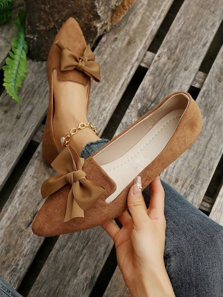 Elegant Brown Flats For Women, Bow Decor Faux Suede Point Toe Flat Loafers | SHEIN
