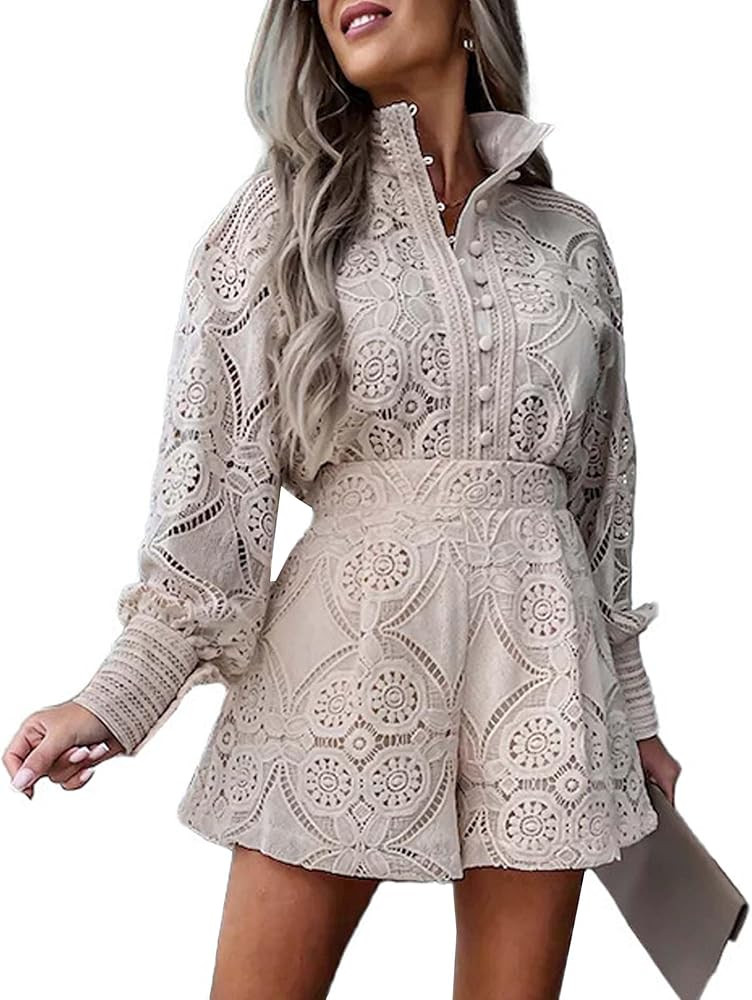 SOMTHRON Women's Summer Eyelet Lace Two Piece Outfits Long Sleeve Blouse Tops Shorts Floral Embro... | Amazon (US)