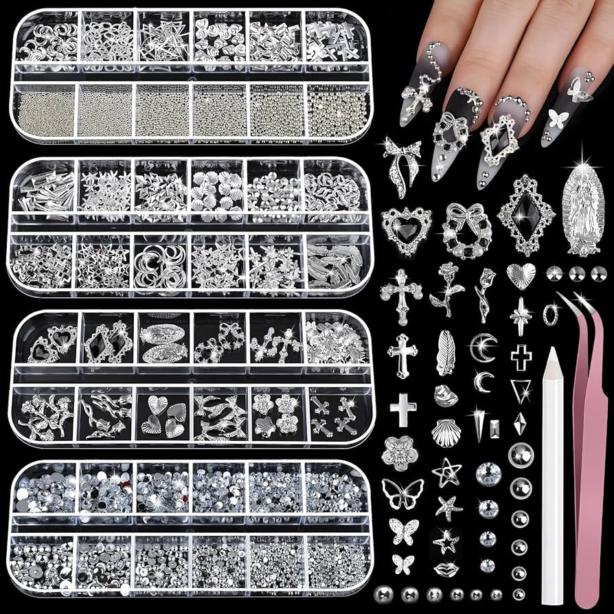 Teenitor Silver Nail Charms and Gems Kit, 4 Boxes Nail Gems Silver Rhinestones for Nails, 3D Y2K ... | Amazon (US)