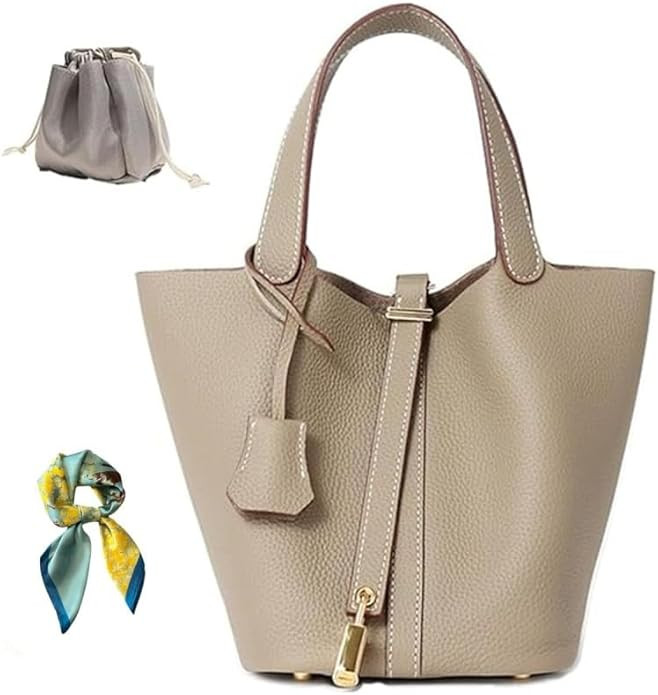 Genuine Leather Bucket Bag for Women: Lock Design Shoulder Handbag Versatile Top-Handle Tote Fash... | Amazon (US)