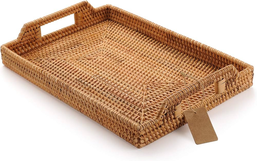 Hand-Woven Rattan Rectangular Serving Tray with Handles for Breakfast, Drinks, Snack for Coffee T... | Amazon (US)