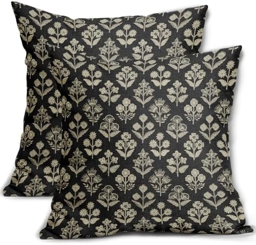 Black Floral Block Print Pillow Covers 18x18 Inch Set of 2, Vintage Flower Pattern Decorative Thr... | Amazon (US)
